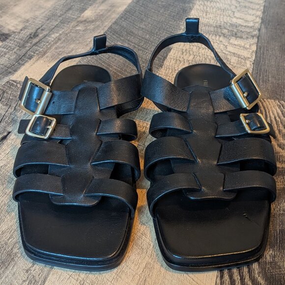 Free People Fisherman Sandals Black Leather Gold Buckles - Picture 3 of 8